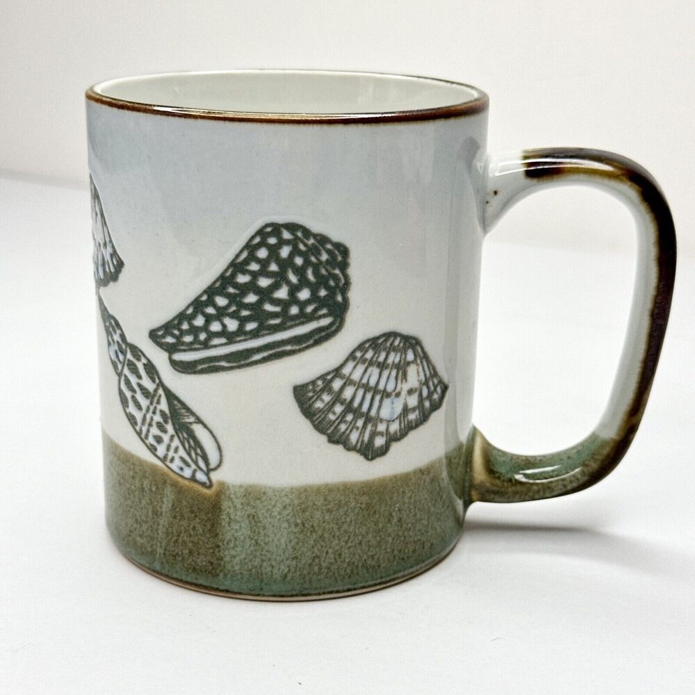 Pottery Sea Shells Mug/Coffee Cup Handmade‎ Green Brown White glaze